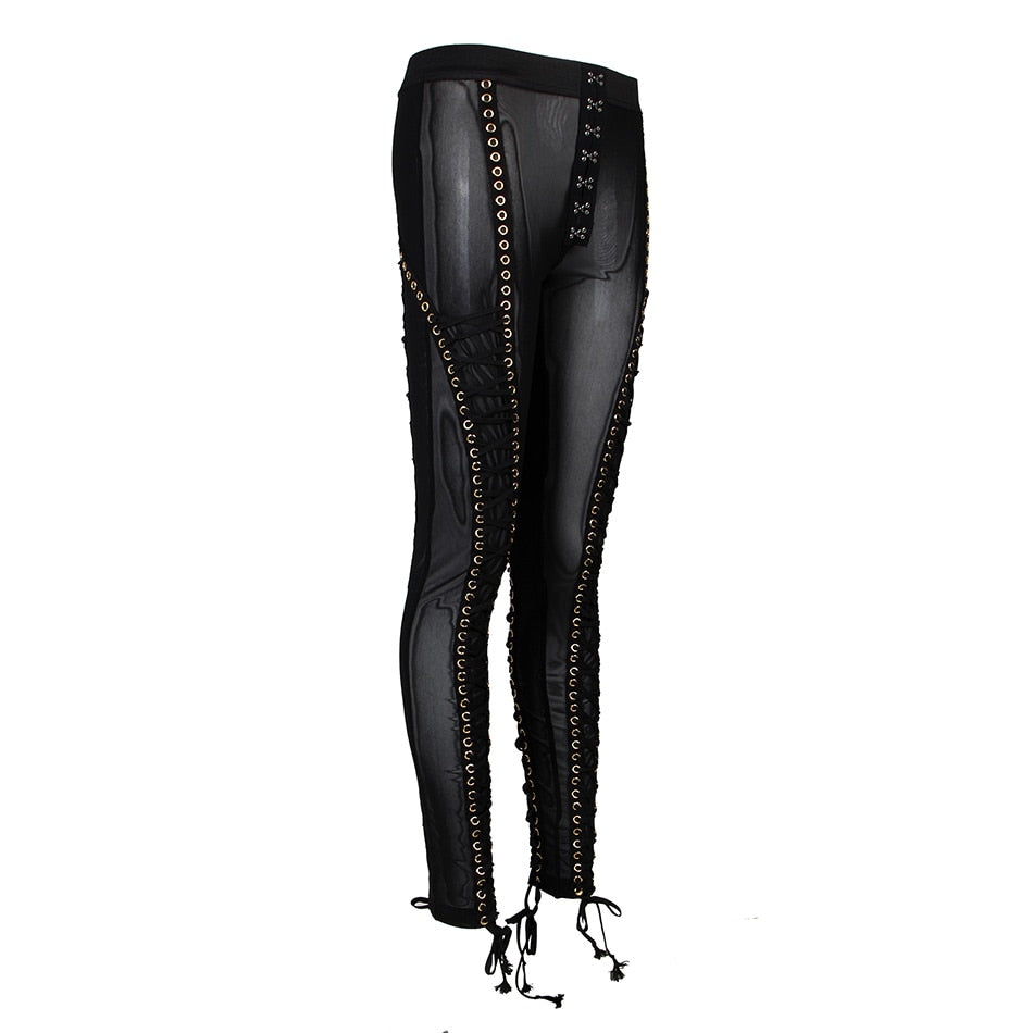 crystal  Lace up long Mesh Pants