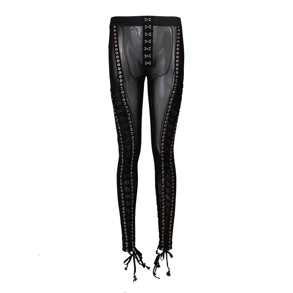 crystal  Lace up long Mesh Pants