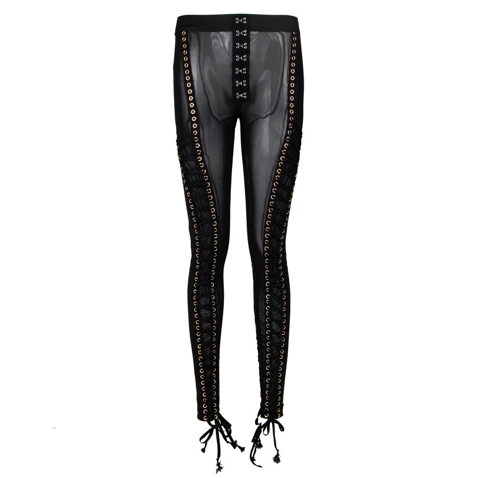 crystal  Lace up long Mesh Pants